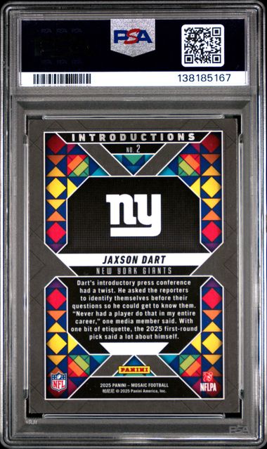 Graded 2025 Panini Mosaic Jaxson Dart #2 Introductions Rookie RC Football Card PSA 10 Gem Mint