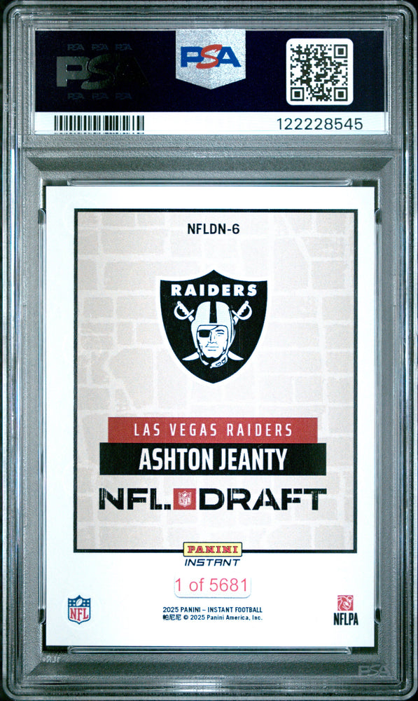 Graded 2025 Panini Instant Ashton Jeanty #NFLDN6 NFL Draft Night Rookie RC Football Card PSA 8 Near Mint (ONLINE ORDER ONLY)