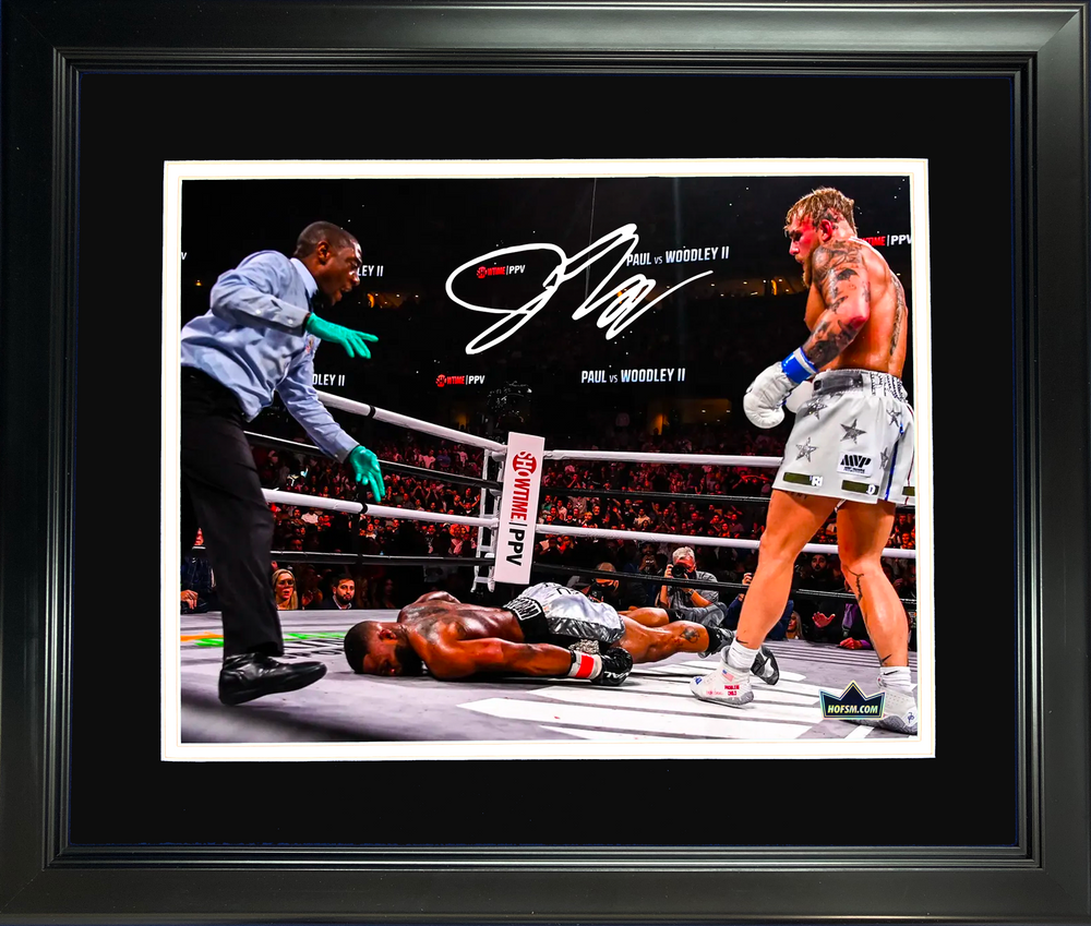 Framed Jake Paul vs Tyron Woodley Knockout Facsimile Laser Engraved Signature Auto 11"x14" Boxing Photo HOFSM Holo (ONLINE ORDER ONLY)