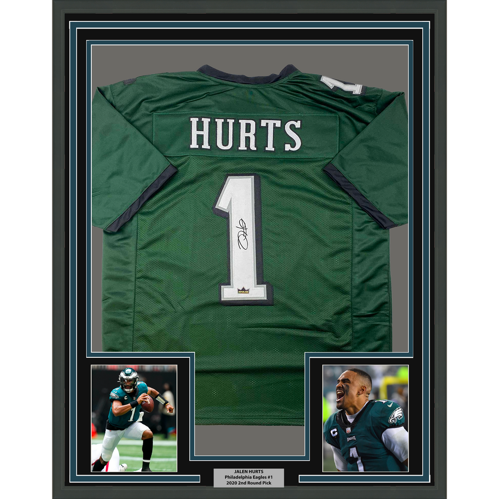 Framed Facsimile Autographed Jalen Hurts 35x39 Philadelphia Green Reprint Laser Auto Football Jersey (ONLINE ORDER ONLY)