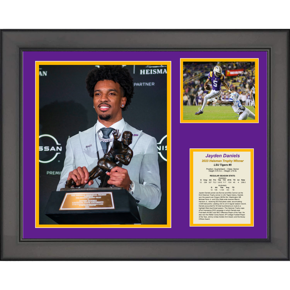 Framed Jayden Daniels LSU Tigers 2023 Heisman Trophy Winner 11"x14" College Football Three Photo Collage (ONLINE ORDER ONLY)