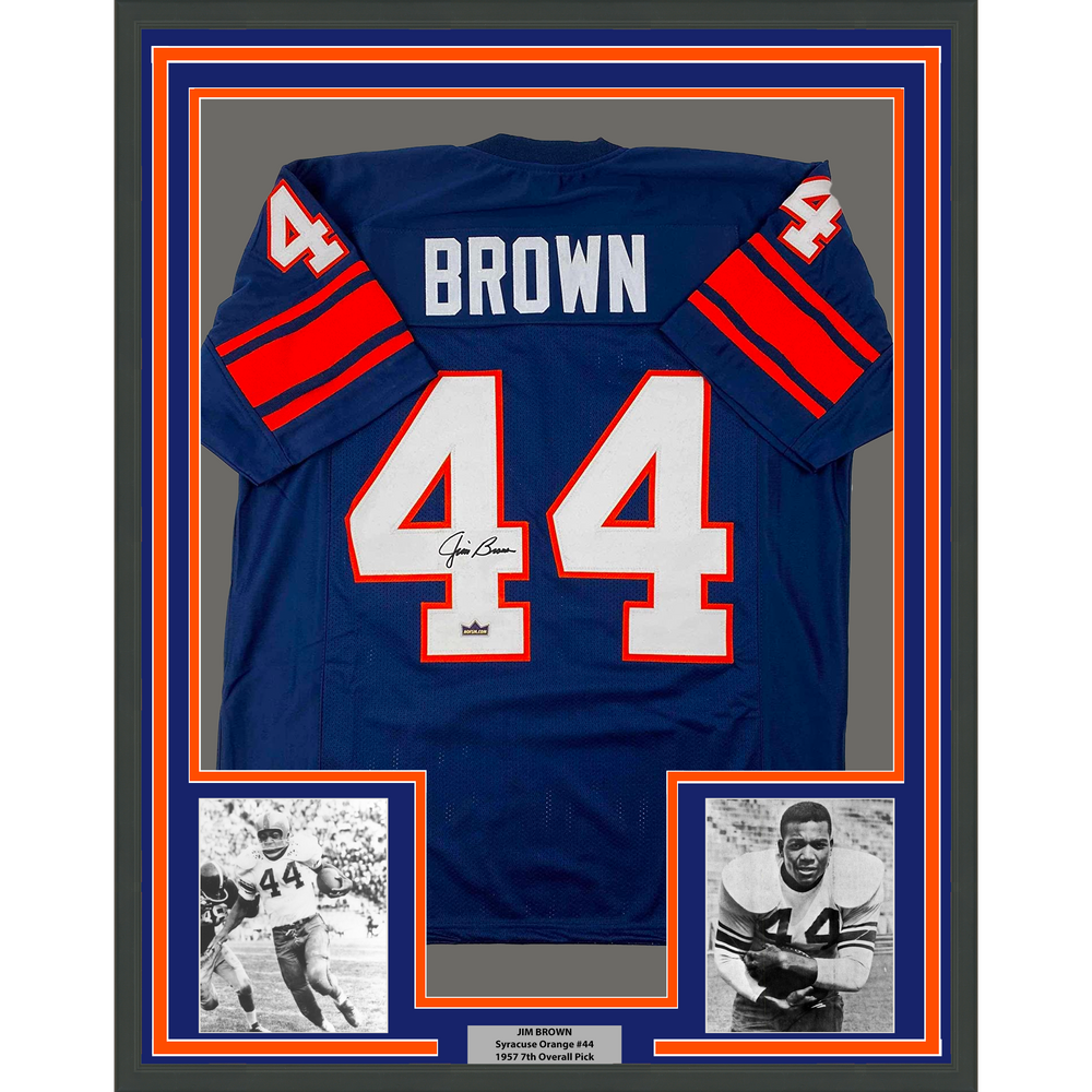 Framed Facsimile Autographed Jim Brown 35x39 Syracuse Blue Reprint Laser Auto College Football Jersey (ONLINE ORDER ONLY)