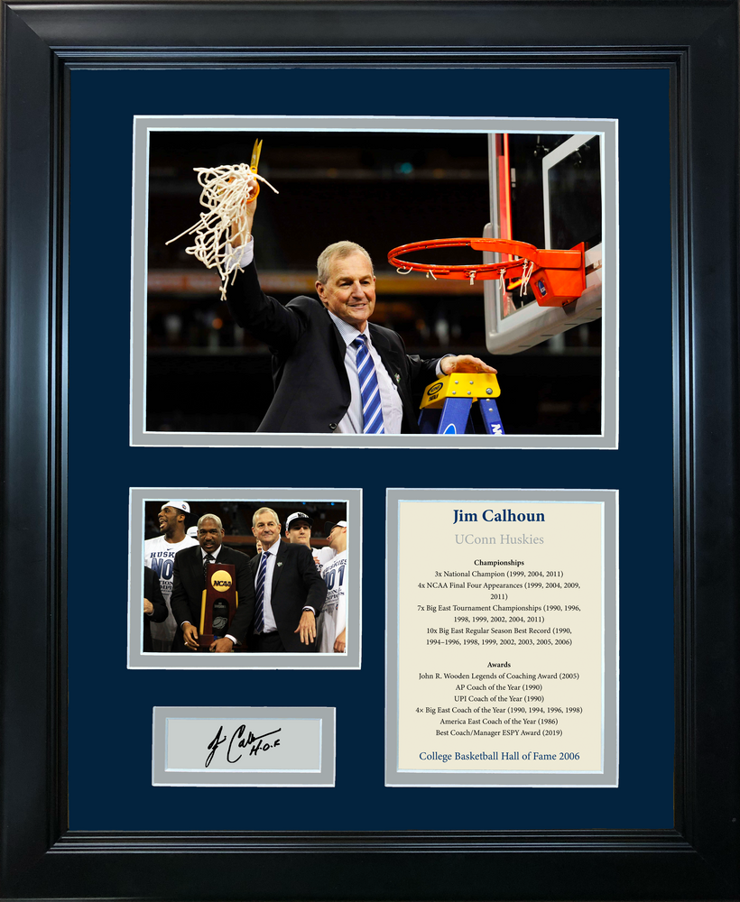 Framed Jim Calhoun Hall of Fame UConn Huskies Facsimile Laser Engraved Signature Auto NCAA Basketball 11"x14" Photo Sig Collage (ONLINE ORDER ONLY)