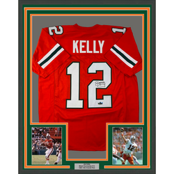 Framed Facsimile Autographed Jim Kelly 35x39 Miami Orange Reprint Laser Auto College Football Jersey (ONLINE ORDER ONLY)