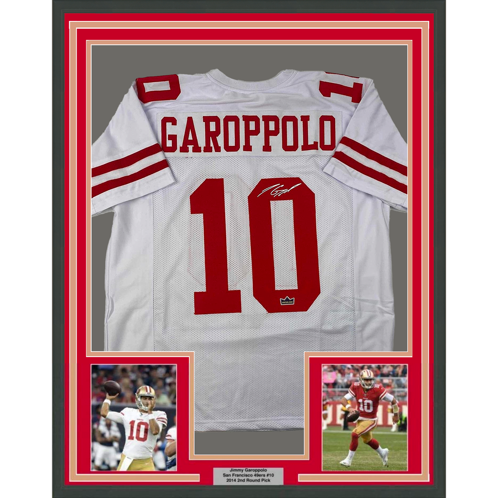 Framed Facsimile Autographed Jimmy Garoppolo 35x39 San Francisco White Reprint Laser Auto Football Jersey (ONLINE ORDER ONLY)