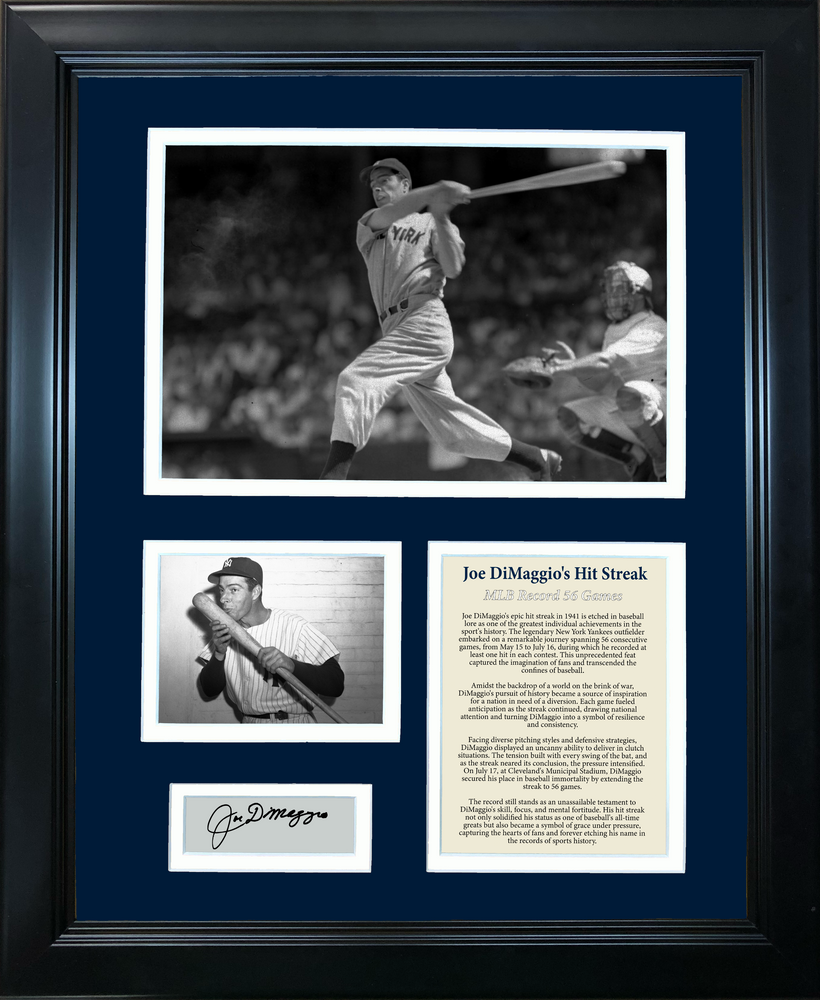 Framed Joe DiMaggio Record 56 Game Hit Streak Facsimile Laser Engraved Signature Auto Baseball 11"x14" Photo Sig Collage (ONLINE ORDER ONLY)