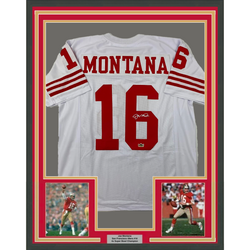 Framed Facsimile Autographed Joe Montana 35x39 San Francisco White Reprint Laser Auto Football Jersey (ONLINE ORDER ONLY)