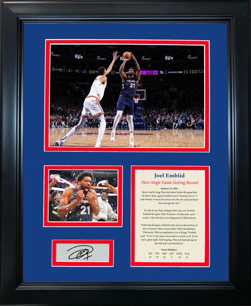 Framed Joel Embiid 70 Point Game Philadelphia 76ers Record Facsimile Laser Engraved Signature Auto Basketball 11"x14" Photo Sig Collage (ONLINE ORDER ONLY)