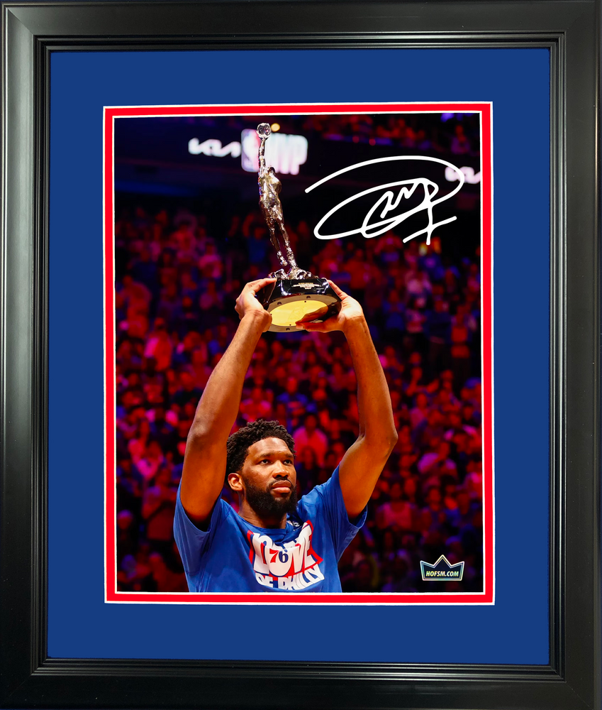 Framed Joel Embiid 2023 NBA MVP Trophy Philadelphia 76ers Facsimile Laser Engraved Signature Auto 11"x14" Basketball Photo HOFSM Holo (ONLINE ORDER ONLY)