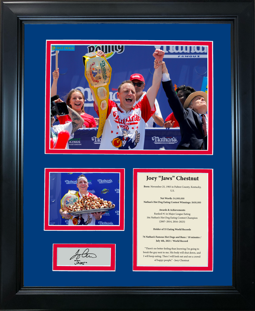 Framed Joey Chestnut 16x Nathan's Hot Dog Eating Contest Champion Facsimile Laser Engraved Signature Auto 11"x14" Photo Sig Collage (ONLINE ORDER ONLY)
