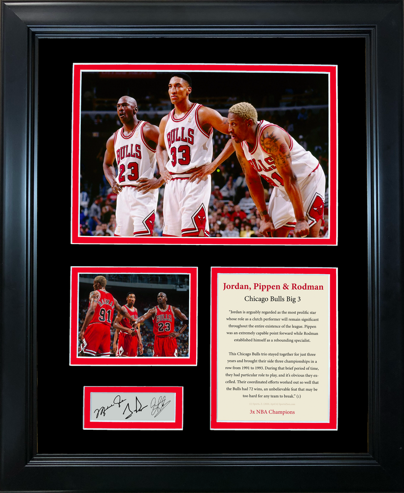 Framed Michael Jordan Scottie Pippen Dennis Rodman Facsimile Laser Engraved Signature Auto Chicago Bulls Basketball 11"x14" Photo Sig Collage (ONLINE ORDER ONLY)