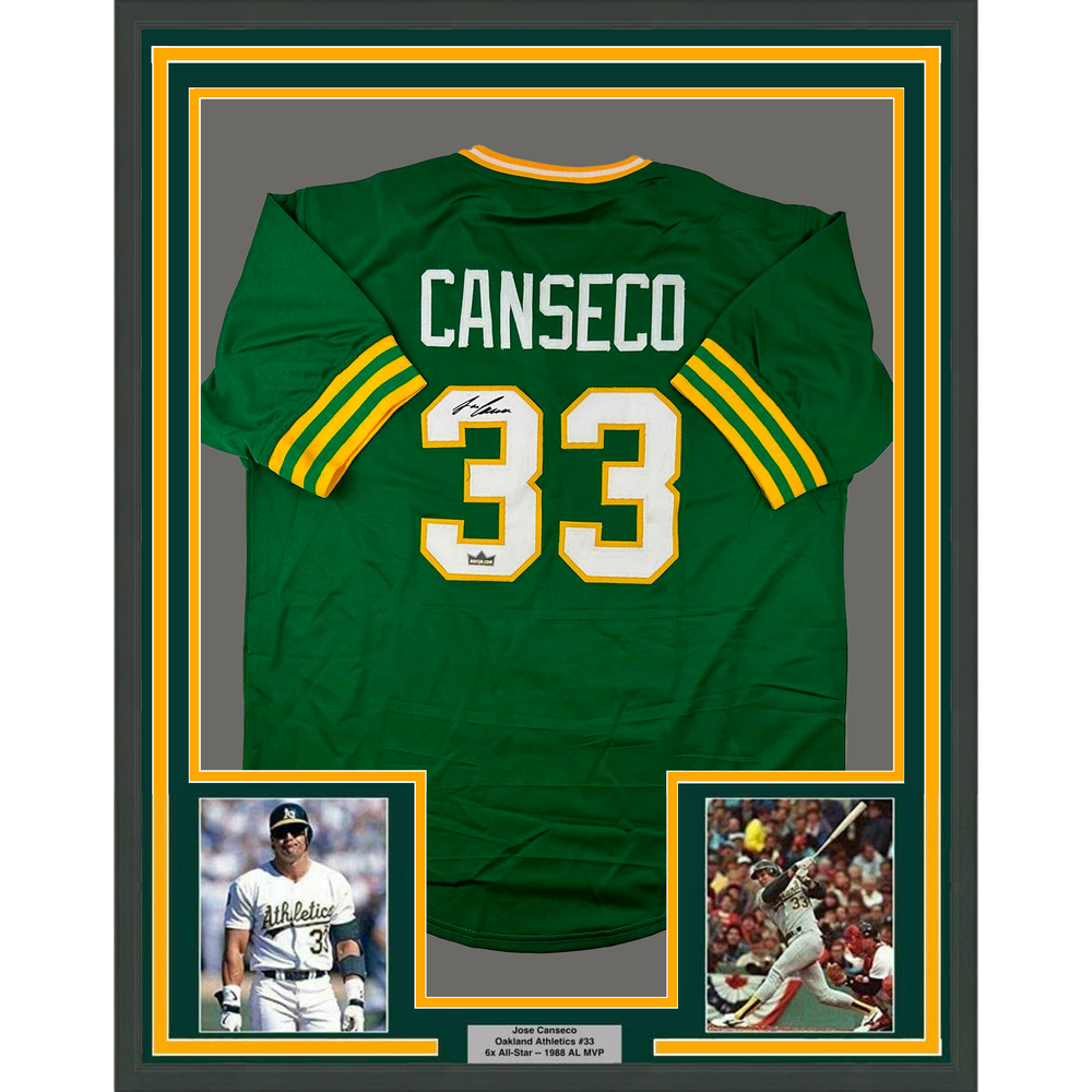 Framed Facsimile Autographed Jose Canseco 35x39 Oakland Green Reprint Laser Auto Baseball Jersey (ONLINE ORDER ONLY)