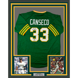 Framed Facsimile Autographed Jose Canseco 35x39 Oakland Green Reprint Laser Auto Baseball Jersey (ONLINE ORDER ONLY)