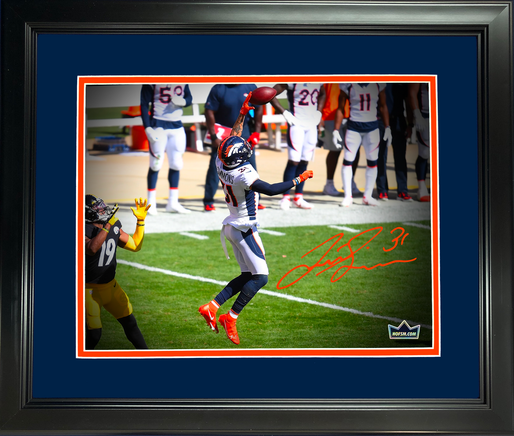 Framed Justin Simmons Denver Broncos Facsimile Laser Engraved Signature Auto 11"x14" Football Photo HOFSM Holo (ONLINE ORDER ONLY)