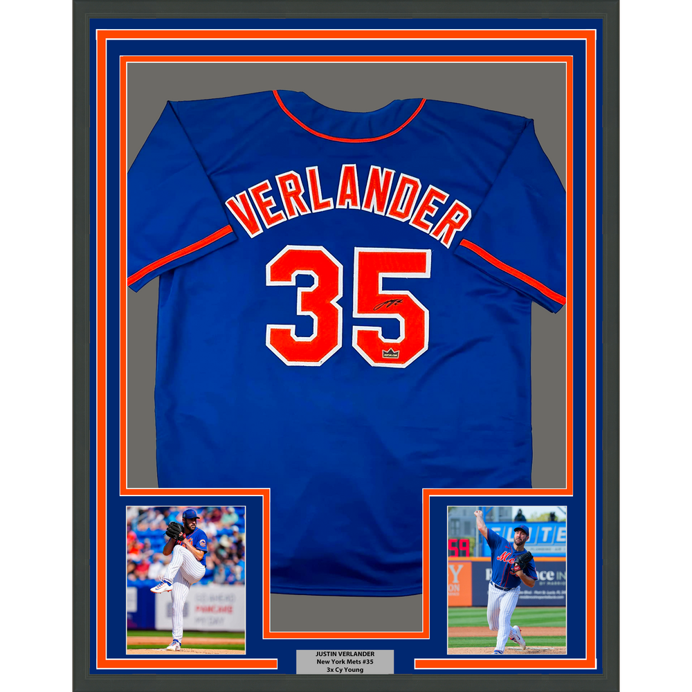 Framed Facsimile Autographed Justin Verlander 35x39 New York Blue Reprint Laser Auto Baseball Jersey (ONLINE ORDER ONLY)