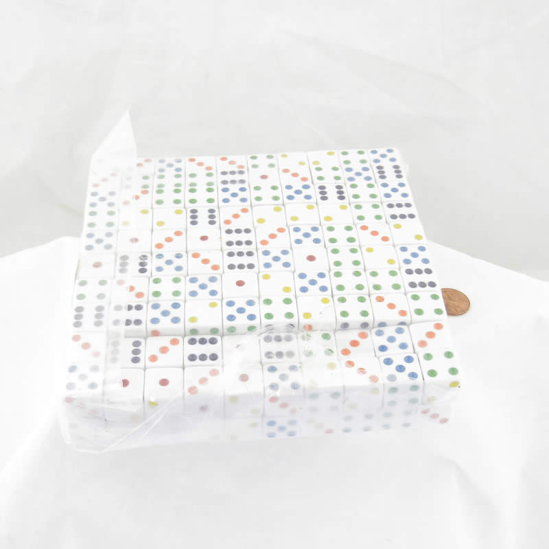 KOP06379 White Opaque Dice Multi-Colored Pips D6 16mm Bulk Pack of 200 (ONLINE ORDER ONLY)