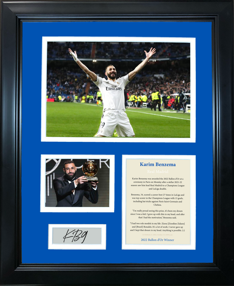 Framed Karim Benzema 2022 Ballon d'Or Facsimile Laser Engraved Signature Auto Real Madrid Soccer Futbol 11"x14" Photo Sig Collage (ONLINE ORDER ONLY)