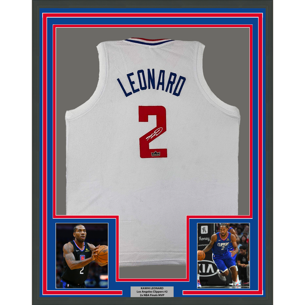 Framed Facsimile Autographed Kawhi Leonard 35x39 Los Angeles LA White Reprint Laser Auto Basketball Jersey (ONLINE ORDER ONLY)