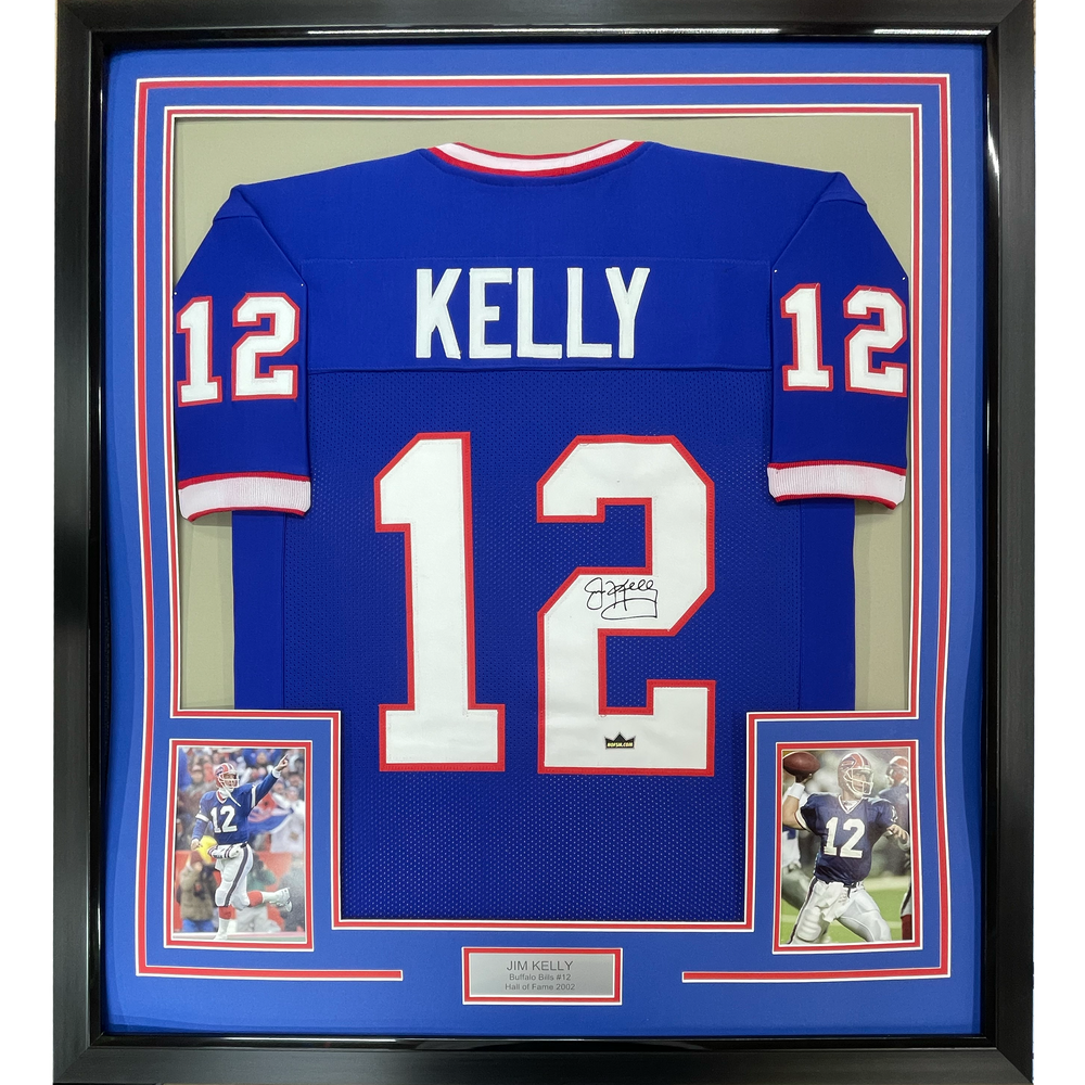 Framed Facsimile Autographed Jim Kelly 35x39 Buffalo Blue Reprint Laser Auto Football Jersey (ONLINE ORDER ONLY)