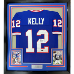 Framed Facsimile Autographed Jim Kelly 35x39 Buffalo Blue Reprint Laser Auto Football Jersey (ONLINE ORDER ONLY)
