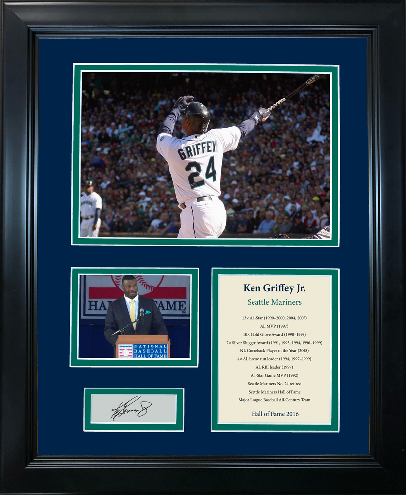 Framed Ken Griffey Jr Hall of Fame Facsimile Laser Engraved Signature Auto Seattle Mariners 11"x14" Baseball Photo Sig Collage (ONLINE ORDER ONLY)
