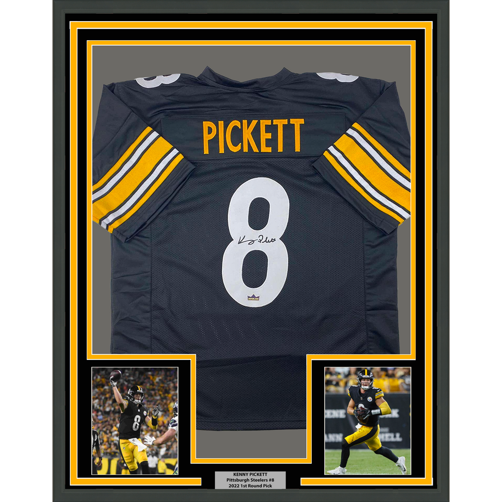 Framed Facsimile Autographed Kenny Pickett 35x39 Pittsburgh Black Reprint Laser Auto Football Jersey (ONLINE ORDER ONLY)