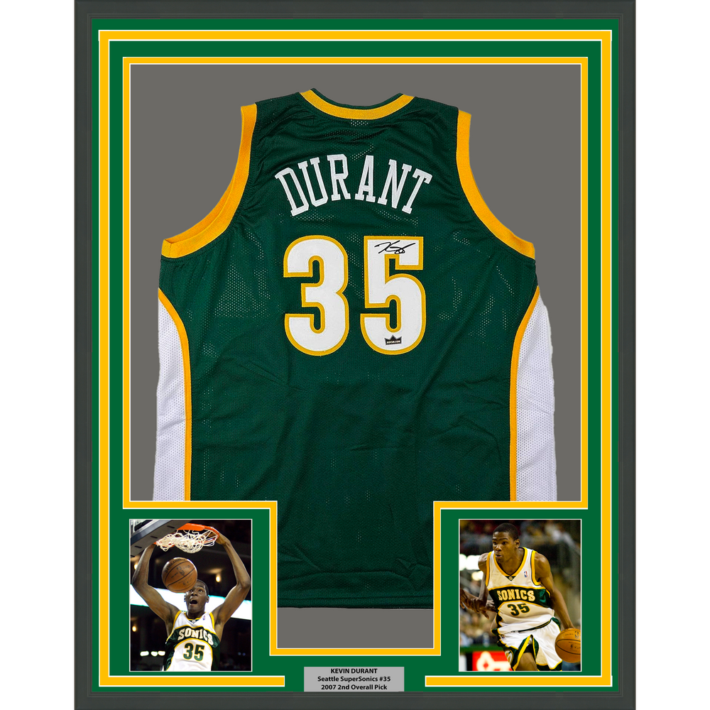 Framed Facsimile Autographed Kevin Durant 35x39 Seattle Rookie Green Reprint Laser Auto Basketball Jersey (ONLINE ORDER ONLY)