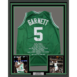 Framed Autographed/Signed Kevin Garnett 35x39 Boston Green Stat Basketball Jersey Beckett BAS COA