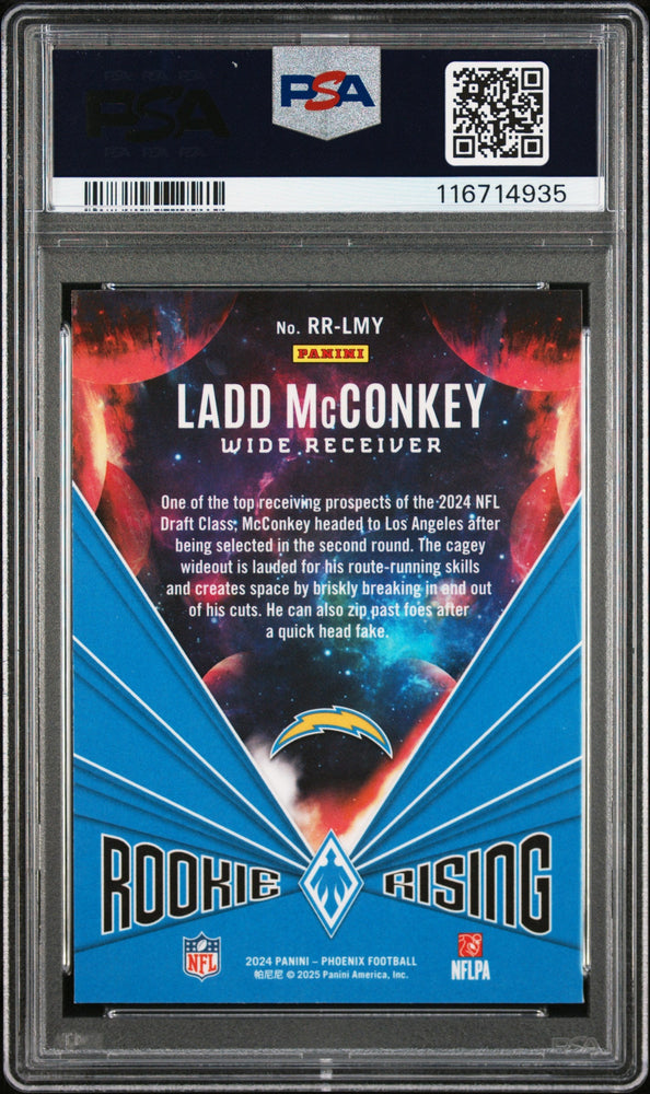 Graded 2024 Panini Phoenix Ladd McConkey #RRLMY Rookie Rising Pandora Rookie RC Football Card PSA 10 Gem Mint (ONLINE ORDER ONLY)