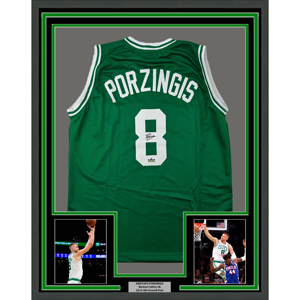 Framed Facsimile Autographed Kristaps Porzingis 35x39 Boston Green Reprint Laser Auto Basketball Jersey (ONLINE ORDER ONLY)