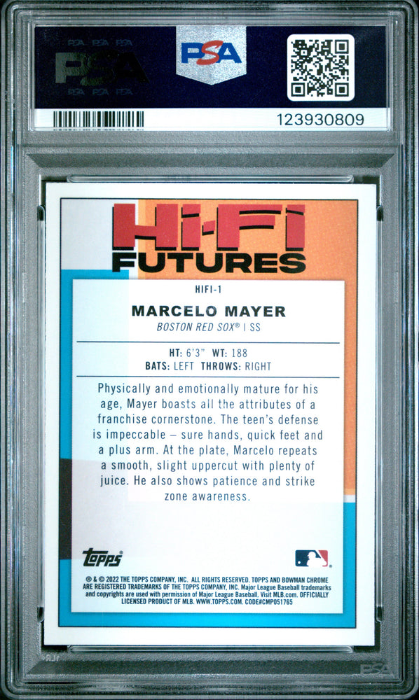 Graded 2022 Topps Bowman Chrome Marcelo Mayer #HIFI1 Chrome HIFI Futures Rookie RC Baseball Card PSA 9 Mint (ONLINE ORDER ONLY)