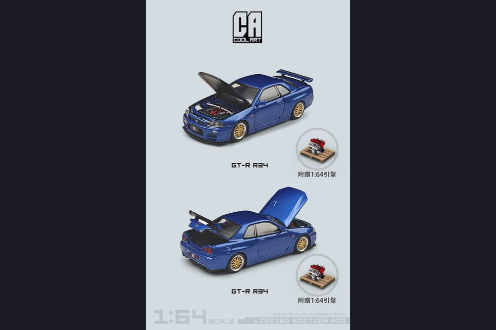Cool ART Nissan Skyline GT-R R34 BLUE With Openable Hood-Trunk & Display Engine 1:64 (ONLINE ORDER ONLY)