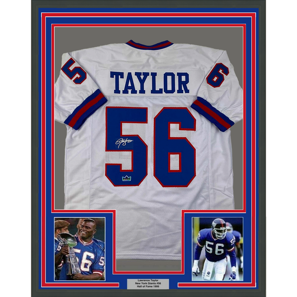 Framed Facsimile Autographed Lawrence Taylor 35x39 New York White Reprint Laser Auto Football Jersey (ONLINE ORDER ONLY)