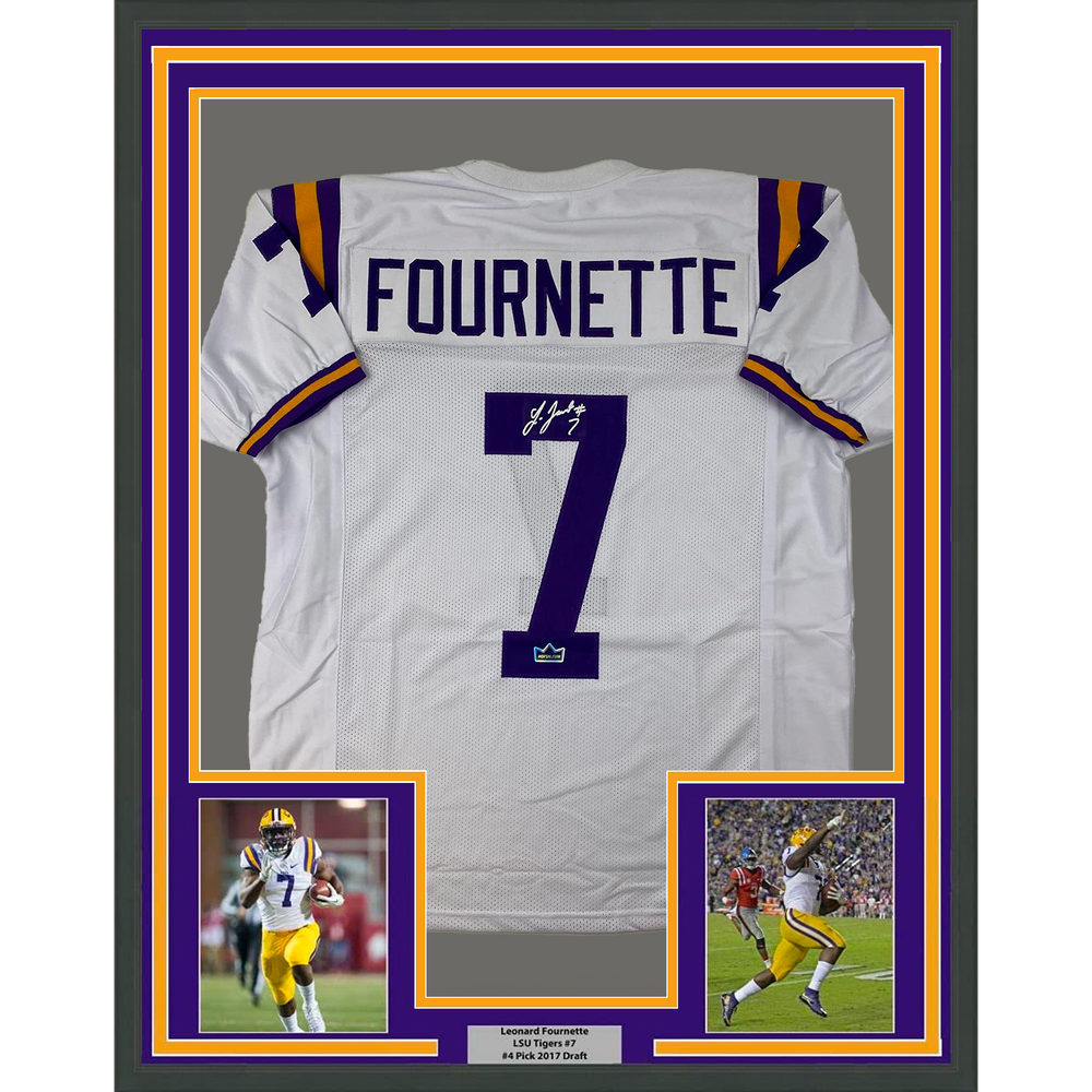 Framed Facsimile Autographed Leonard Fournette 35x39 LSU White Reprint Laser Auto College Football Jersey Size Men's XL (ONLINE ORDER ONLY)