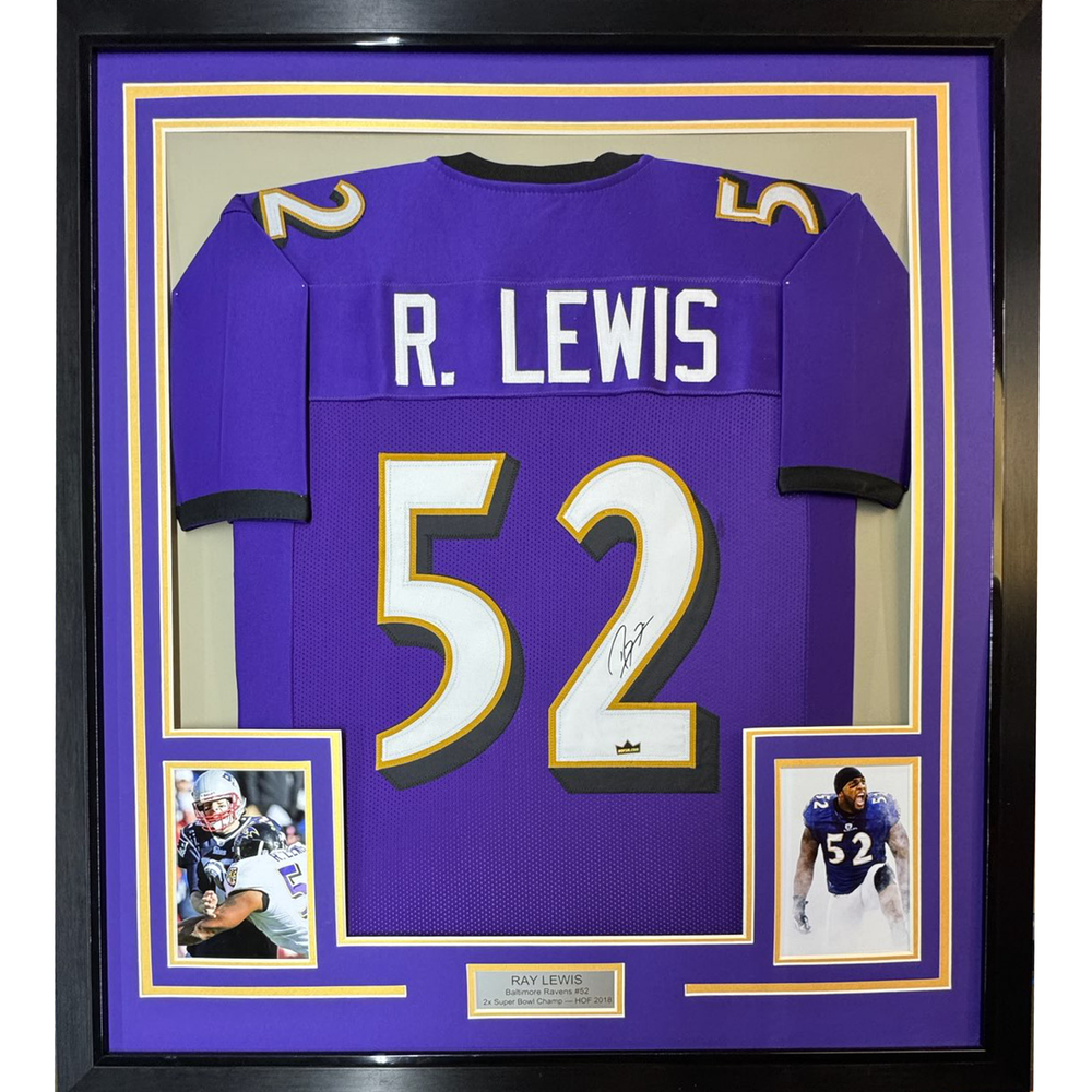 Framed Facsimile Autographed Ray Lewis 35x39 Baltimore Purple Reprint Laser Auto Football Jersey Size Men's XL (ONLINE ORDER ONLY)