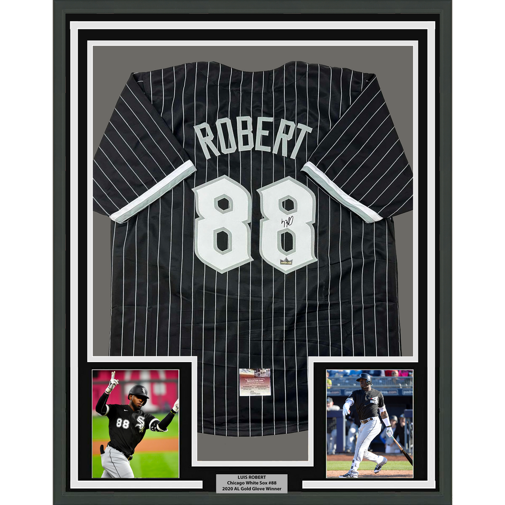 Framed Facsimile Autographed Luis Robert 35x39 Chicago Black Pinstripe City Connect Reprint Laser Auto Baseball Jersey (ONLINE ORDER ONLY)
