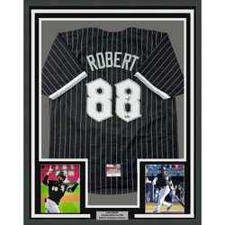 Framed Facsimile Autographed Luis Robert 35x39 Chicago Black Pinstripe City Connect Reprint Laser Auto Baseball Jersey (ONLINE ORDER ONLY)