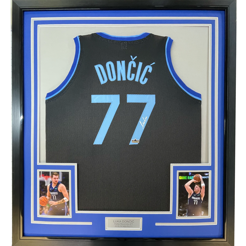 Framed Facsimile Autographed Luka Doncic 35x39 Dallas Black Reprint Laser Auto Basketball Jersey (ONLINE ORDER ONLY)