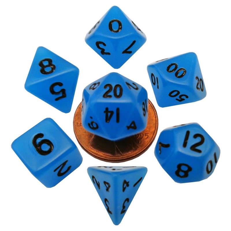 MET4302 Blue Glow In The Dark Dice Black Numbers 10mm 7-Dice Set (ONLINE ORDER ONLY)