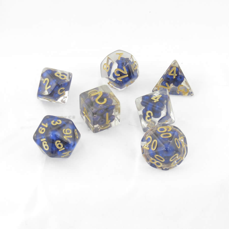 MET692 Royal Blue Pearl Dice with Gold Numbers Resin 16mm (5/8in) 7 Dice Set (ONLINE ORDER ONLY)