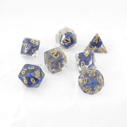 MET692 Royal Blue Pearl Dice with Gold Numbers Resin 16mm (5/8in) 7 Dice Set (ONLINE ORDER ONLY)