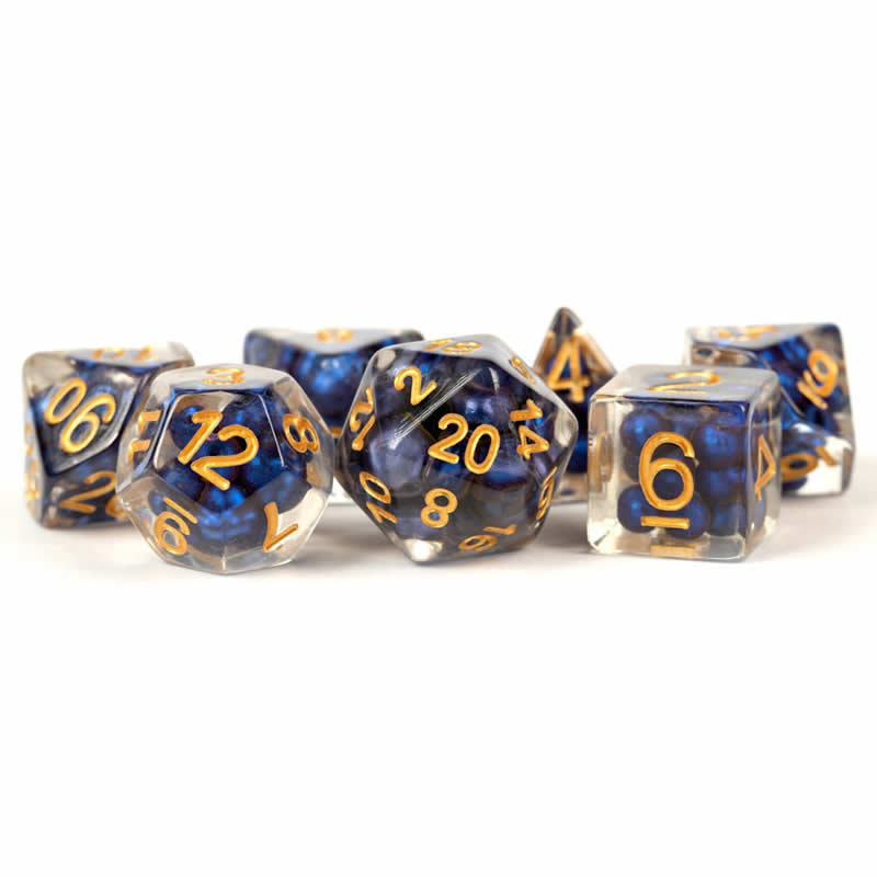 MET692 Royal Blue Pearl Dice with Gold Numbers Resin 16mm (5/8in) 7 Dice Set (ONLINE ORDER ONLY)