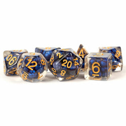 MET692 Royal Blue Pearl Dice with Gold Numbers Resin 16mm (5/8in) 7 Dice Set (ONLINE ORDER ONLY)