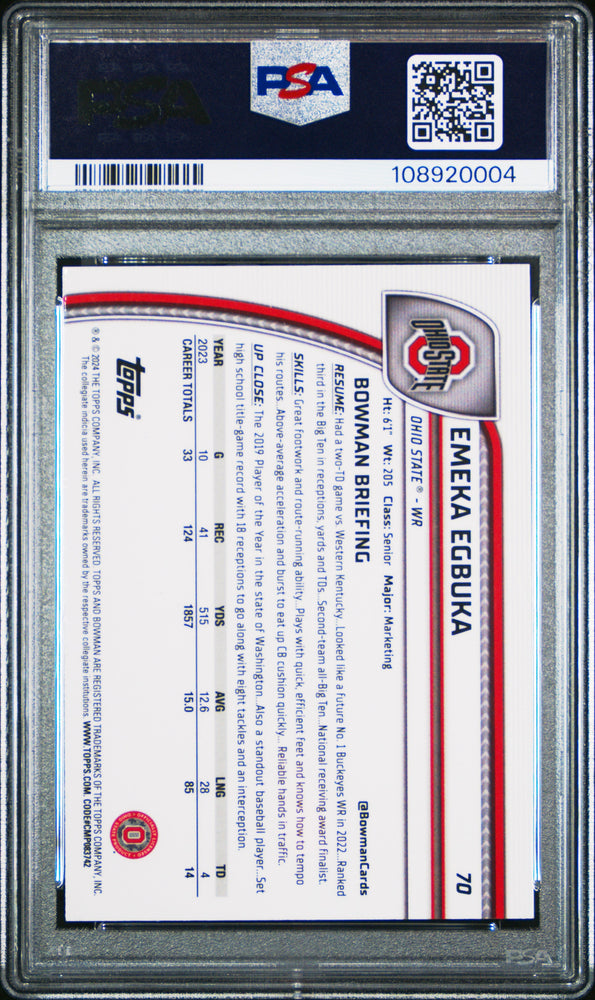 Graded 2024 Topps Bowman U Sapphire Emeka Egbuka #70 Rookie RC Football Card PSA 10 Gem Mint (ONLINE ORDER ONLY)