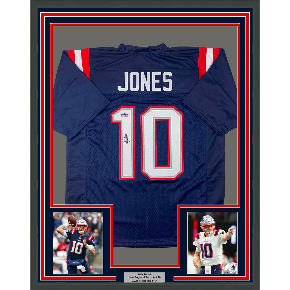 Framed Facsimile Autographed Mac Jones 35x39 New England Blue Reprint Laser Auto Football Jersey (ONLINE ORDER ONLY)