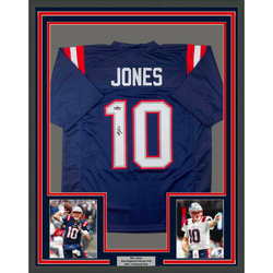 Framed Facsimile Autographed Mac Jones 35x39 New England Blue Reprint Laser Auto Football Jersey (ONLINE ORDER ONLY)