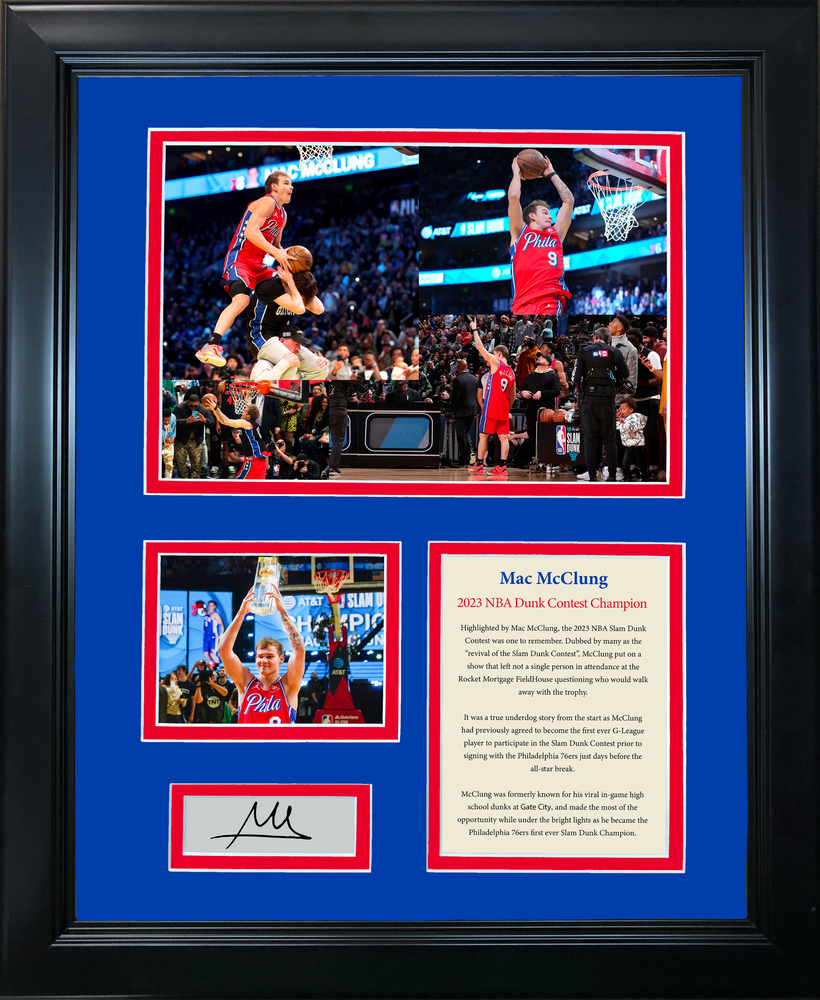 Framed Mac McClung 2023 Slam Dunk Contest Champion Facsimile Laser Engraved Signature Auto Philadelphia 76ers Basketball 11"x14" Photo Sig Collage (ONLINE ORDER ONLY)