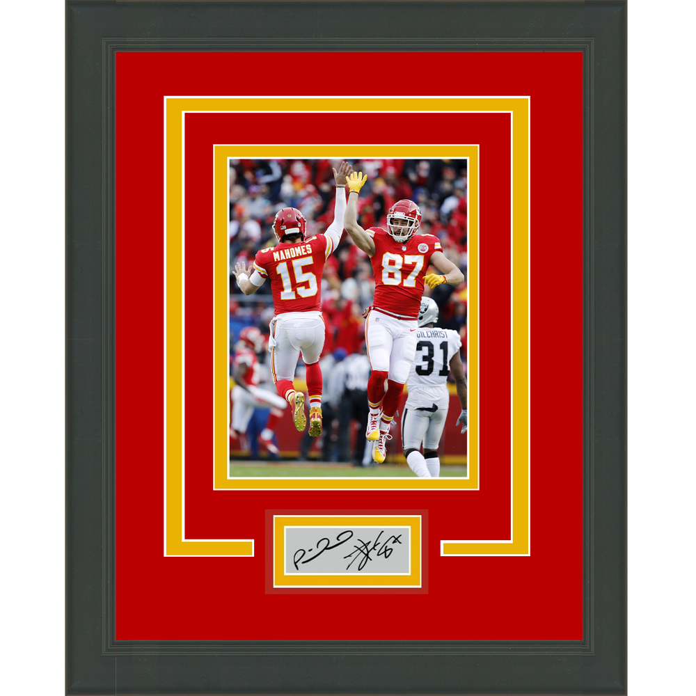 Framed Patrick Mahomes Travis Kelce Dual Facsimile Laser Engraved Signature Auto Kansas City Chiefs 11x14 Football Photo (ONLINE ORDER ONLY)