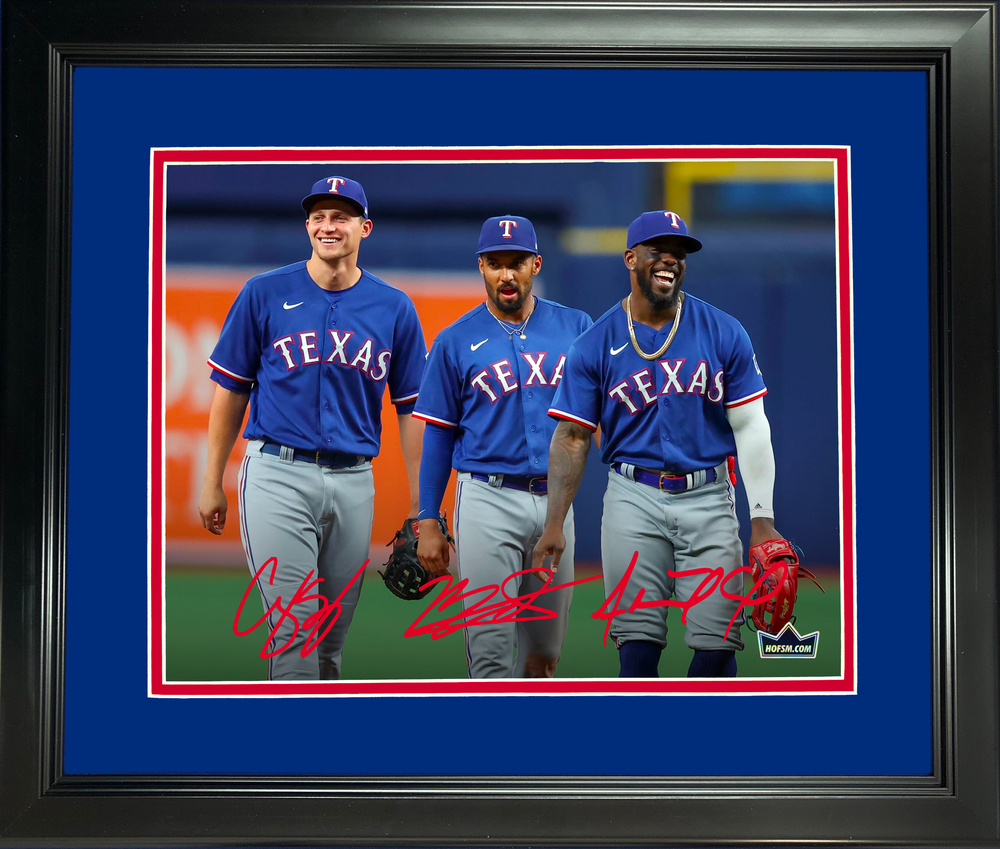 Framed Marcus Semien, Adolis Garcia & Corey Seager Texas Rangers Facsimile Laser Engraved Signature Auto 11"x14" Baseball Photo HOFSM Holo (ONLINE ORDER ONLY)