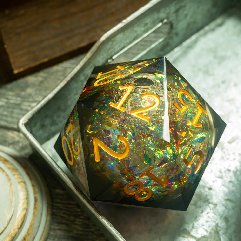 Massive Dark Black And Foil Liquid Core 95MM Chonk Handmade Resin Dice And Box (ONLINE ORDER ONLY)
